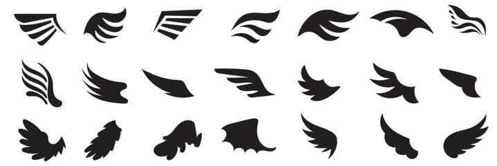 Black angel wing silhouette icon . Collection of black wing silhouettes showing different shapes and angles, ideal for design, tattoos, logos, and symbolic or fantasy concepts.

