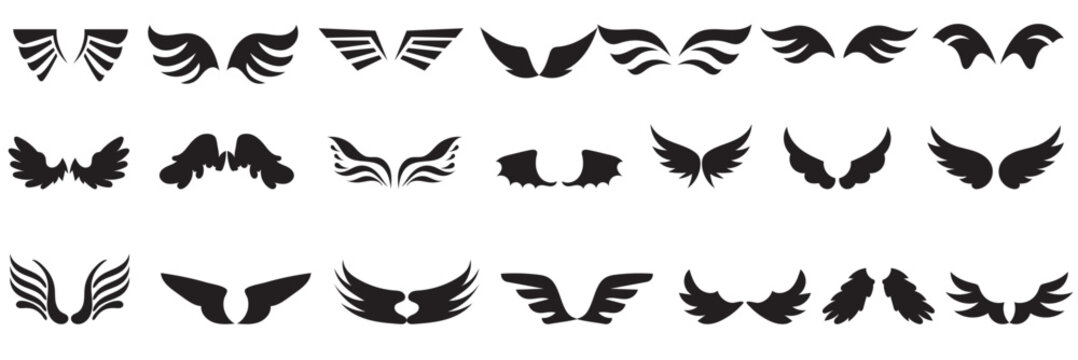 Black angel wing silhouette icon . Collection of black wing silhouettes showing different shapes and angles, ideal for design, tattoos, logos, and symbolic or fantasy concepts.

