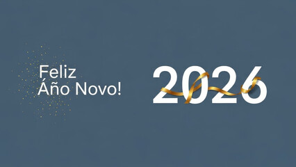 Feliz ano novo 2026 happy new year in spanish portuguese with golden ribbon and sparkling confetti