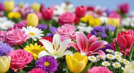 A vibrant flower garden with a variety of colorful flowers, including tulips, roses, and daisies.