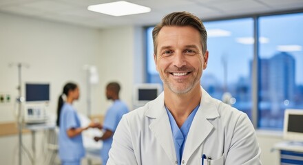 A smiling doctor in a hospital setting with colleagues in the background.
