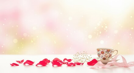 A floral tea cup with red rose petals and a pink ribbon on a white table with a soft pink background.