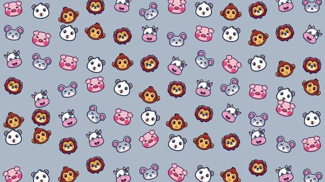 Animal faces like monkeys, pandas, and cows. Ideal for childrens books, educational materials, and animalthemed designs for various products.