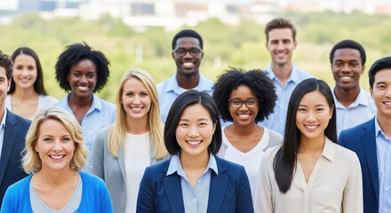 A diverse group of people standing outdoors, smiling and looking at the camera.