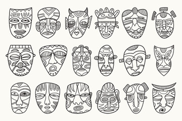 Tribal Mask Collection Hand Drawn Line Art, Ethnic African and Folk Face Illustration Set
