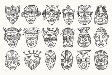 Tribal Mask Collection Hand Drawn Line Art, Ethnic African and Folk Face Illustration Set