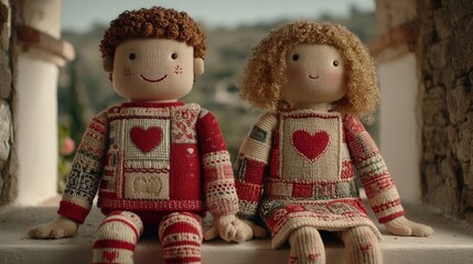 valentine day in patchwork style concept. Knitted dolls with hearts, symbolizing love and companionship.