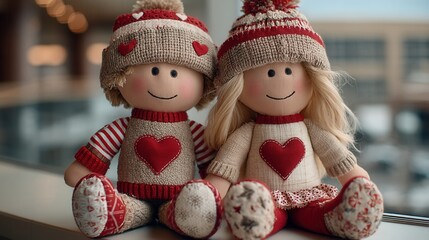 valentine day in patchwork style concept. Two knitted dolls with hearts, sitting together on a window sill.