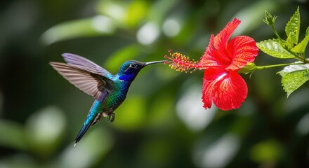 A vibrant hummingbird feeds from a red hibiscus flower, with green leaves in the background.