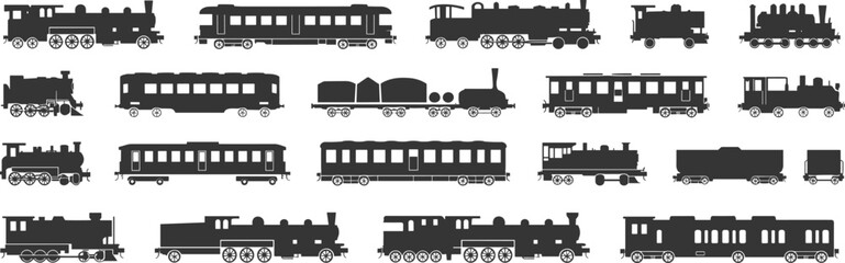 Vintage steam train silhouettes collection, retro locomotive and railway carriage vector illustration, old transportation design for travel, industry, and history theme artwork © Akadosh