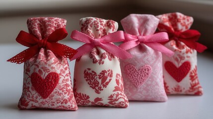 valentine day in patchwork style concept. Decorative fabric pouches with heart designs and bows.
