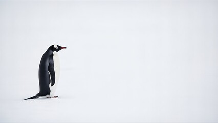 A lone penguin stands on a vast expanse of white snow looking to the side.