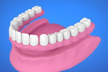 Fototapeta premium 3D medical illustration of lower dental prosthesis and dentures on blue background.
