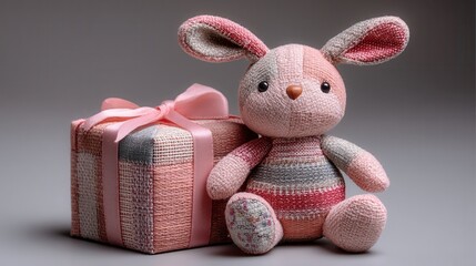 Fototapeta premium valentine day in patchwork style concept. Soft toy bunny with a gift box, perfect for children’s celebrations.