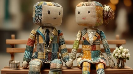 valentine day in patchwork style concept. Two stylized dolls sit together on a bench, showcasing a unique design.