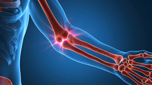 Medical illustration of human elbow joint with highlighted pain area