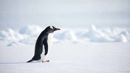 Obraz premium A Solitary Gentoo Penguin Stands on a Snowy Antarctic Landscape.