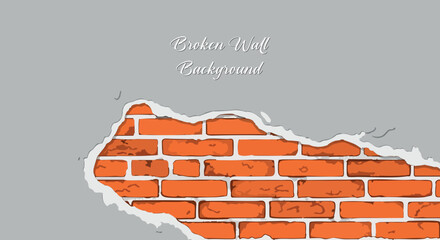 A broken wall with exposed red bricks and a grey background.