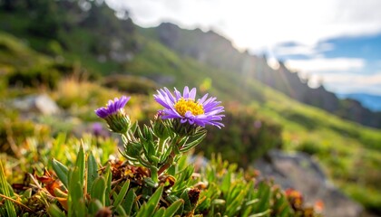 Close-up of a purple alpine flower with a yellow center, bathed in sunlight on a grassy mountainside.
