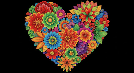 The shape of a heart drawn with a multitude of leaves and colorful flowers on a white background - Valentine's Day - Lovers' Day - Spring is coming - Generative