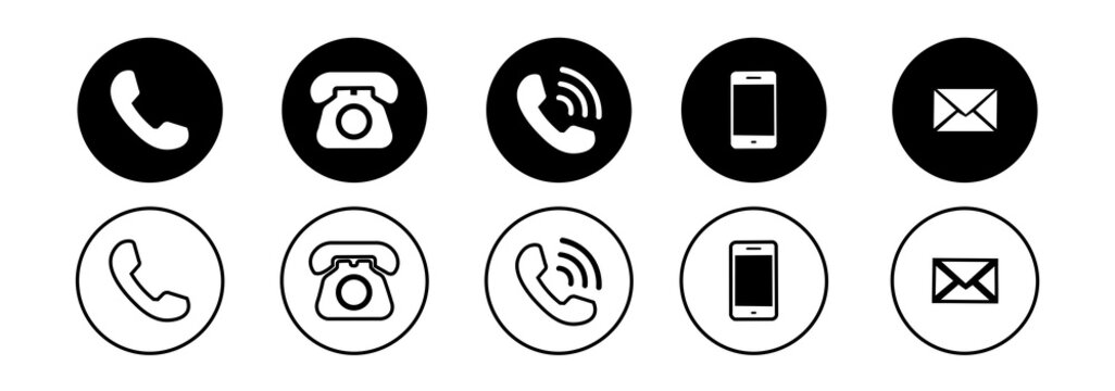 "Contact Us" icon set, phone, telephone symbols, mail, for apps and websites, communication contacts.