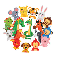 Naklejka premium A colorful digital illustration of various cartoon animal faces, including dragon, tiger, monkey, and rabbit, arranged in a circle on a white background. Perfect for children's books,