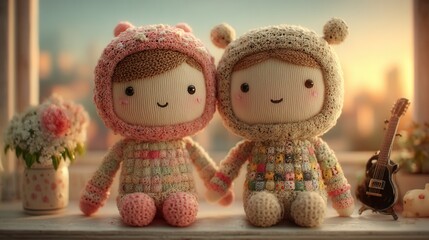 valentine day in patchwork style concept. Cute handmade dolls in cozy outfits with a warm background.