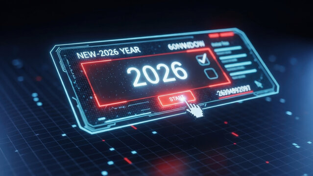 Futuristic digital dashboard interface with 2026 year display and start button on glowing grid background for planning and technological progress - Powered by Adobe
