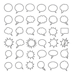 Empty comic book style communication bubbles, including speech, thought, and burst shapes, transparent with thick black outlines and subtle grey shadows, neatly arranged in a grid on a transparent