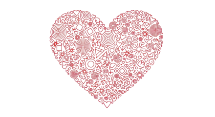 A single, centrally positioned stylized heart of dense red line art doodles (spirals, squiggles, tiny hearts) on a transparent background with copy space. Playful Valentine's Day graphic concept