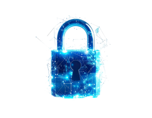 A digital security illustration featuring a glowing blue padlock outlined by lines and points on a stark black background
