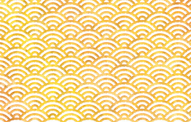 青海波模様の背景　水彩　和柄　黄色