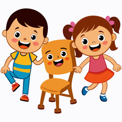 Cartoon happy children playing musical chairs vector illustration. Kids excitedly walking around the chairs vector illustration. Fun and childhood concept. Isolated on white ..