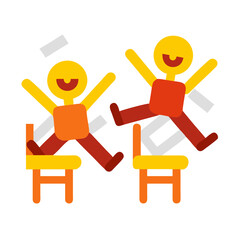 Cartoon happy children playing musical chairs vector illustration. Kids excitedly walking around the chairs vector illustration. Fun and childhood concept. Isolated on white ..