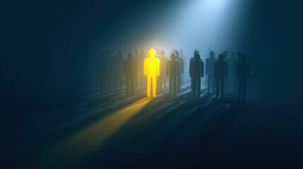 Fototapeta premium Bright Individual Standing Out Among Shadows in Professional Concept Illustration of Authority and Focus