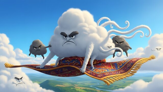 A majestic cloud creature floats on a vibrant magic carpet above the earth with birds flying alongside