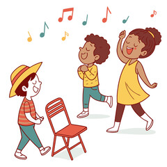 Cartoon happy children playing musical chairs vector illustration. Kids excitedly walking around the chairs vector illustration. Fun and childhood concept. Isolated on white ..