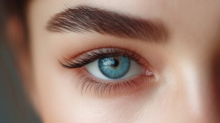 Obraz premium Close-Up Portrait of a Woman with Striking Blue Eye and Long Lashes Showcasing Natural Beauty
