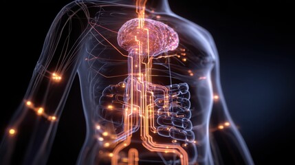 Visual Representation of the Gut-Brain Axis Concept with Transparent Body and Brain Structure