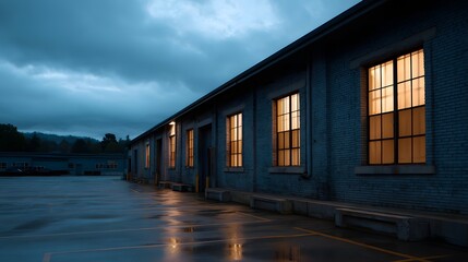 Fototapeta premium Industrial building at dusk with warm light shining through its onto wet pavement