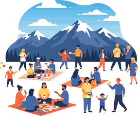 Fototapeta premium A vibrant vector illustration of diverse people enjoying a picnic in a scenic mountain setting on Seward's Day, surrounded by majestic snow-capped mountains and lush trees under a bright