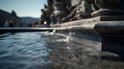 Urban Fountain Sculpture in Spring: Capture the Serenity and Movement of Water Against Classical Architecture and Lush Gardens