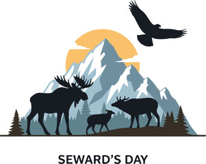 Vector illustration of a serene mountain landscape with silhouettes of moose and an eagle on Seward's Day. Perfect for conservation materials, educational resources, and environmental