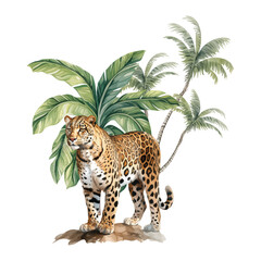 Watercolor cheetah with palm tropical leaves Animal illustration