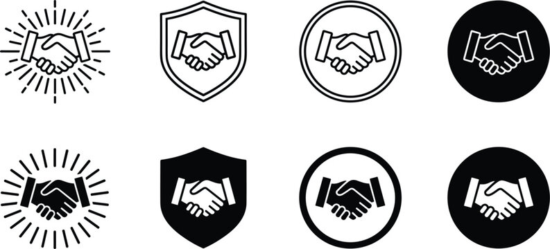 Set of handshake icons in various styles including shield circle and sunburst for business partnership agreement and trust.