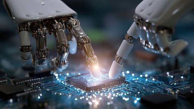 Futuristic robotic hands touching a glowing microchip on a blue circuit board. Concept of artificial intelligence, machine learning, and advanced computer hardware technology