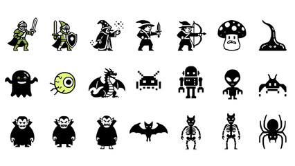 A collection of fantasy creature icons in a minimalist design style