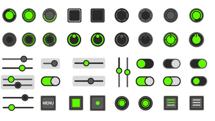 A collection of green and black interface control vector graphics and icons