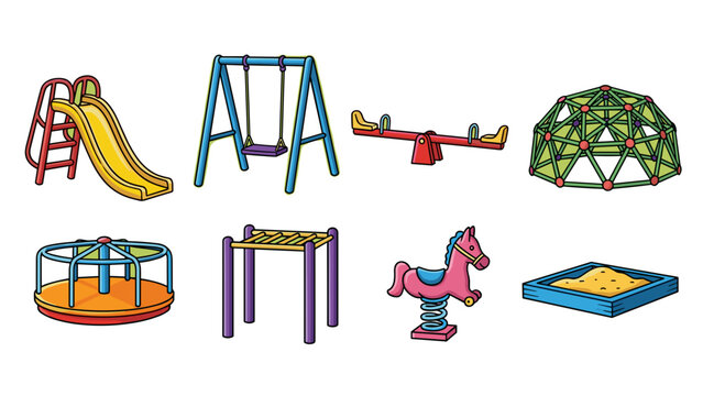 A colorful vector illustration of various playground equipment for kids