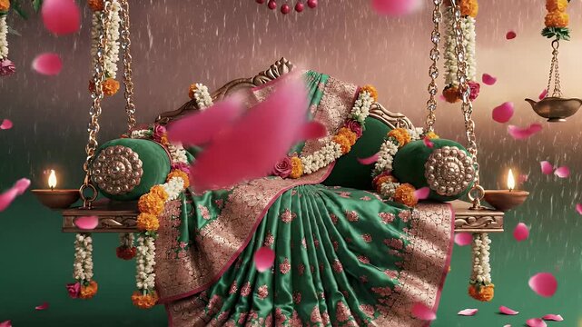 Teej Festival Spiritual Background with Monsoon Glow, Floating Petals, and Emerald-to-Rose Gold Gradient